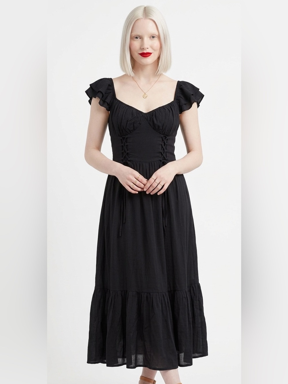 Trixxi Black Lace Up Corset Midi Dress Ruffle Sleeve Ruched Bust Size L
